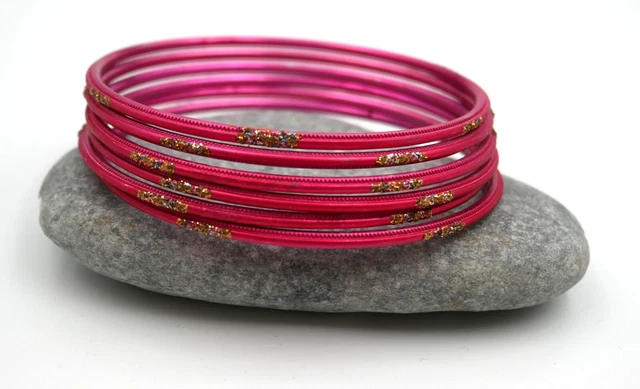Lot De 6 Bracelets Bangles Indiens Orange - Paillettes Strass Bollywood - Style Sari