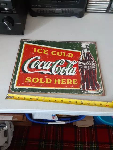 Ice Cold Coca-Cola Sold Here - Retro Style Green Tin Sign, 16" x 12.5" VG