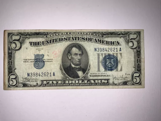 1934 C $5 Five Dollar US Silver Certificate Blue Seal