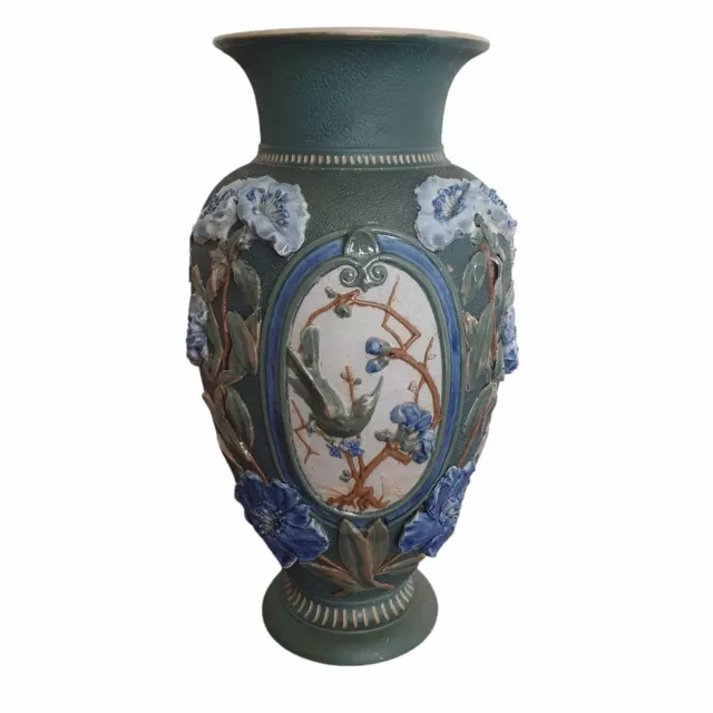 C1882 Large Doulton Lambeth Vase By John Broad Applied Flowers Butterflies Bird