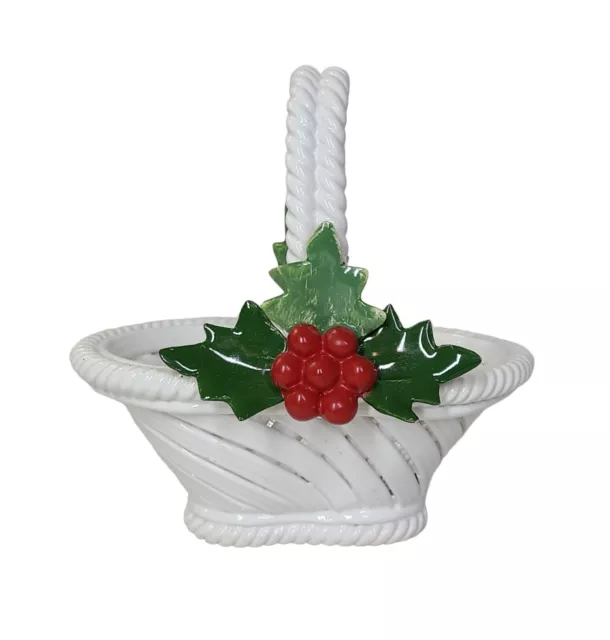 CADOPIMONTE Italy Vintage White Woven Porcelain Basket Christmas Holly Berries