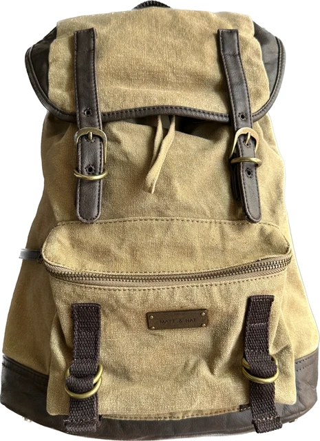 Vintage Matt & Nat Meryl Khaki Canvas Backpack Knapsack Tan Brown Vegan Pockets