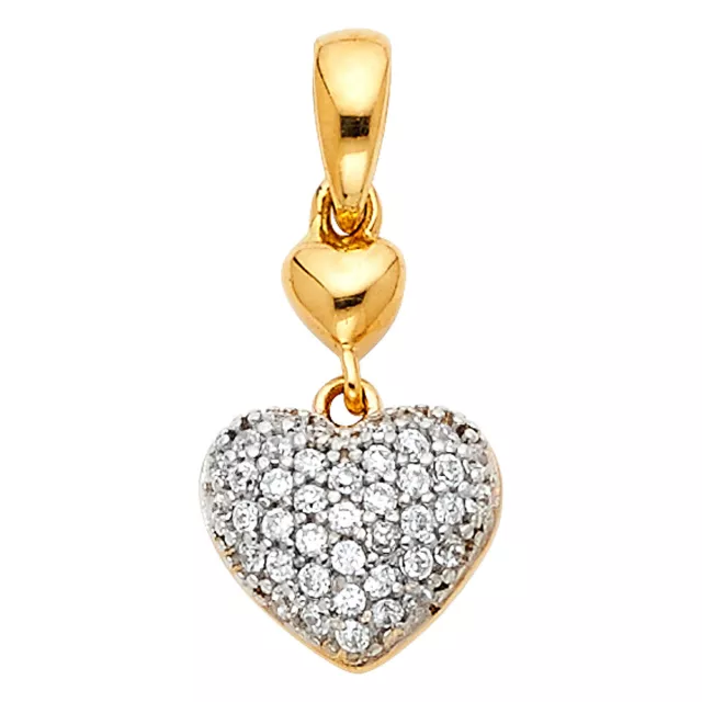 14K Yellow Gold CZ Full Heart Charm Pendant For Necklace or Chain