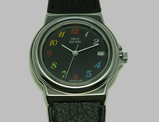 Montre Fortis Swiss - Quartz, Boîtier Acier, Bracelet Cuir Noir - Années 90 - Neuve Avec étiquettes