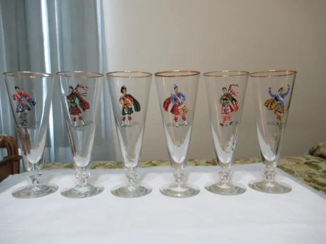 Set Of 6 Pilsner Beer Glasses 8" Gold Rim Highlander All Different (Ad 82)