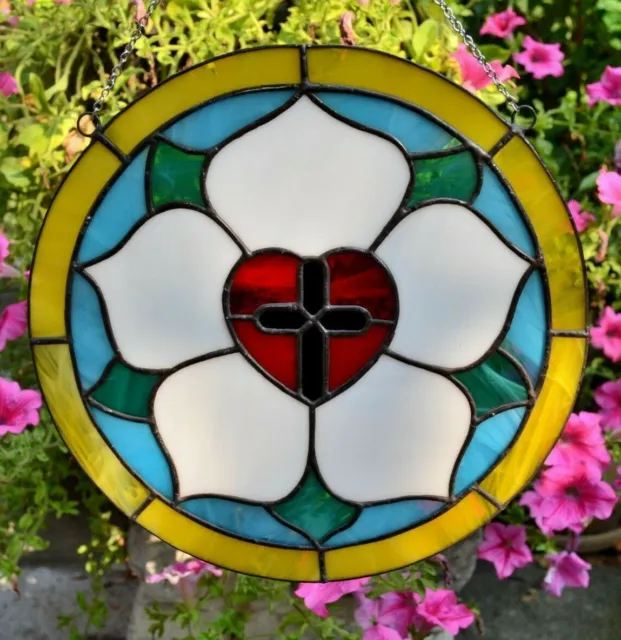 Luther Rose Round Stained Glass Panel 10" Handcrafted Protestant Lutheran Cross