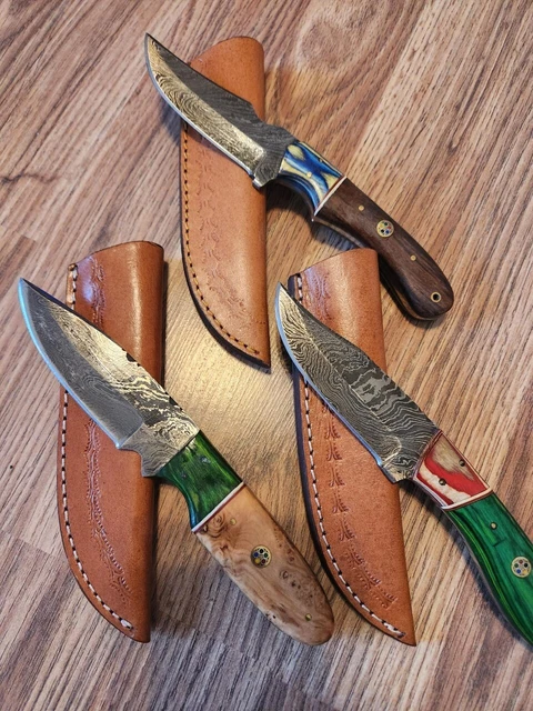 Hand Crafted Skinner Knife Damascus Ash Wood Brass Guard Lot of 3 Hiking