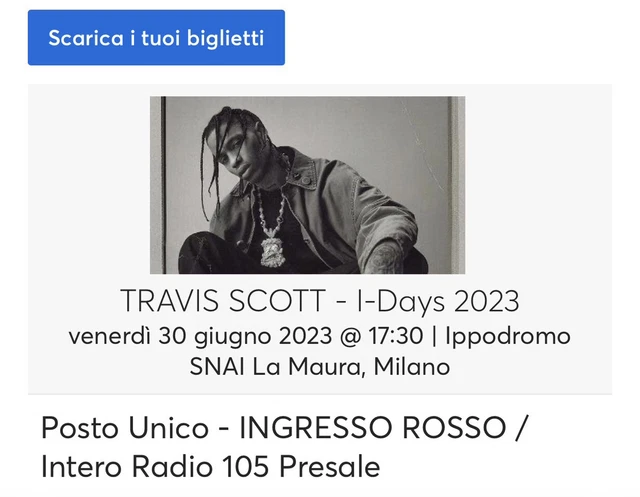 Biglietto Travis Scott - Idays 2023 Ippodromo Milano - Posto Unico 30/06/2023
