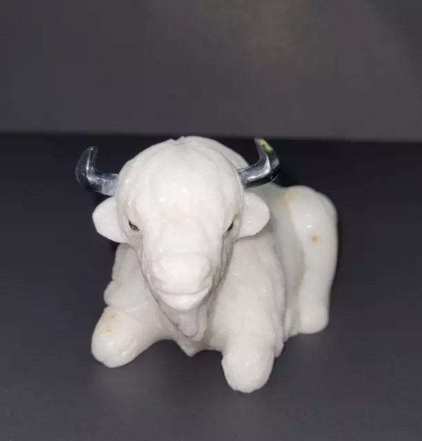Great White Buffalo Hand Carved Marble Figurine 2.5" x 2.25" x 3.5"