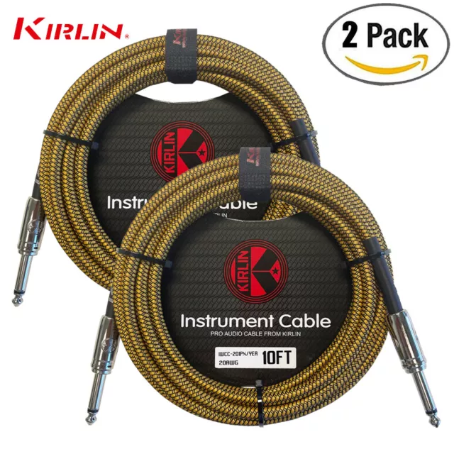 2-PACK Kirlin 10 ft 1/4" Yellow Woven Guitar/Bass Cables PLUS Free Cable Ties