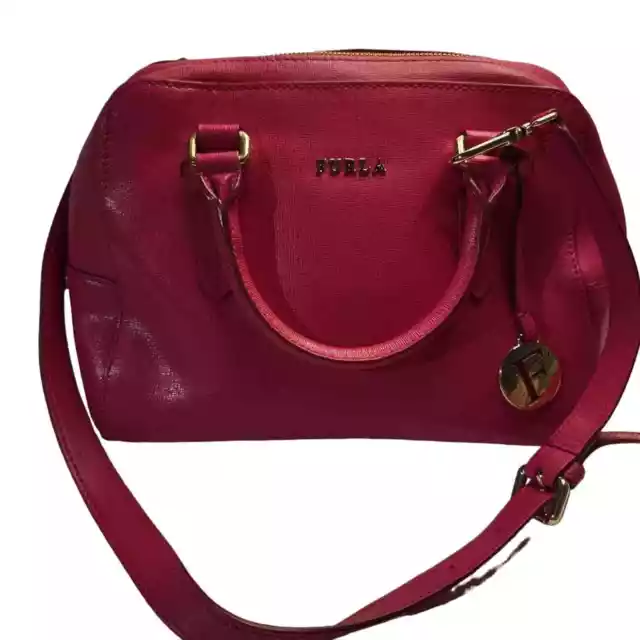 Furla Womens Elena Satchel Handbag Hot Pink Leather Dual Handle Strap Zipper S