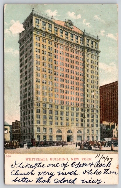 Whitehall Building New York Street View Old Cars Cancel 1907 Antique PM Postcard