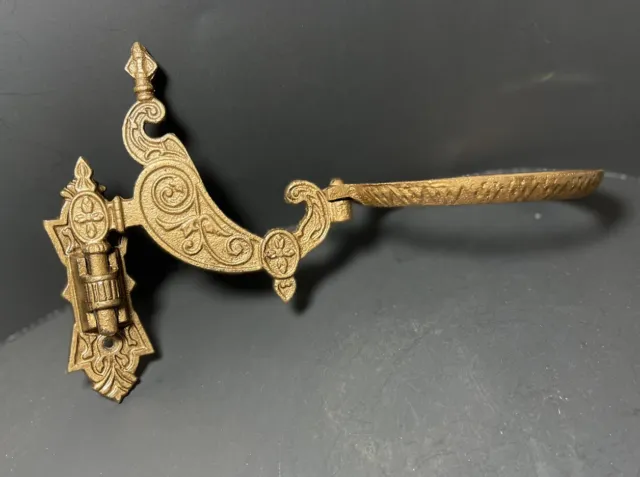Antique Gold Tone Cast Iron Swing Arm Wall Bracket Oil Kerosene Lamp Holder