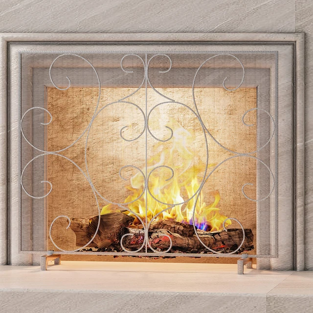 Single Panel Fireplace Screen Cover Handcrafted Solid Wrought Iron Mesh