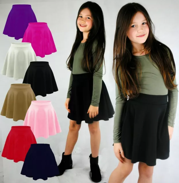 Girls Kids Flared Skater Skirt Summer School Uniform Party Elasticated Waist 13y