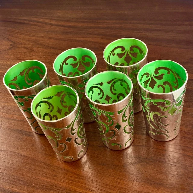 (6) American Green Faceted Glass & Thick Sterling Silver Overlay Cups / Glasses