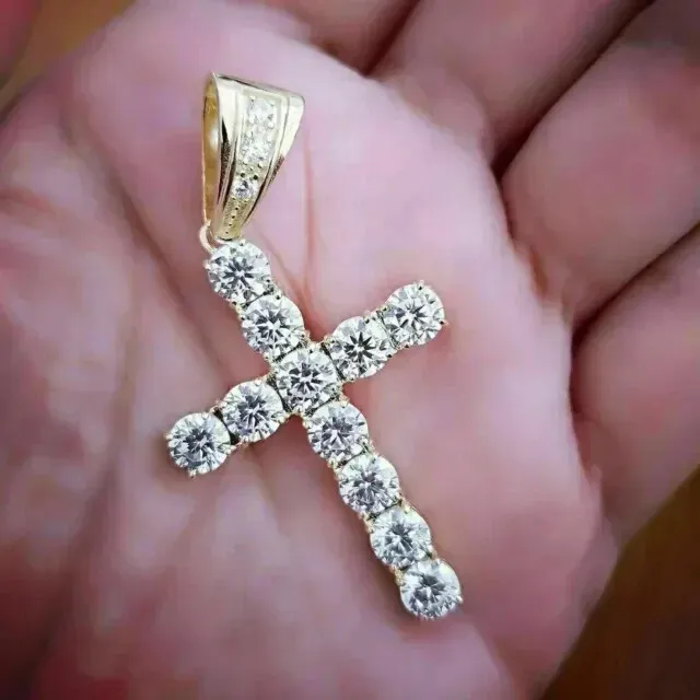 3 Ct Round Cut Real Moissanite Women Cross Pendant 14K Yellow Gold Plated Silver
