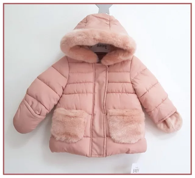 Baby Girls Pink Hooded Winter Coat Padded Velour Lined Jacket 3-6 Months NEW