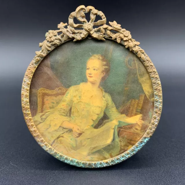 Art Nouveau French Chatelain Lady Portrait Painting Round Gilt Brass Bow Frame