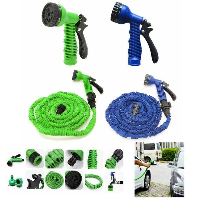 Tubo Da Giardino Espandibile 15m Con Pistola A 8 Funzioni - Verde, Adattatori 3/4 E 1/2 Inclusi