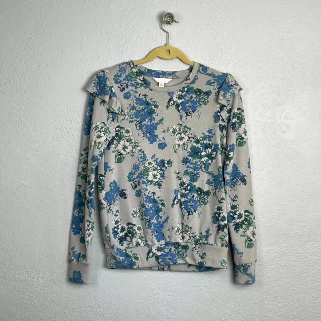 LC Lauren Conrad Women's Blue Floral Ruffle Detail Sweatshirt Sweater - Size S