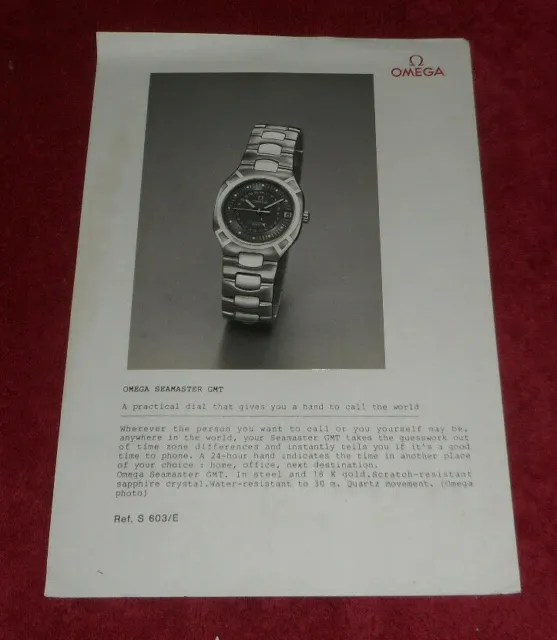 Vintage Press Photo Omega Seamaster GMT Watch Advertisement Fact Sheet