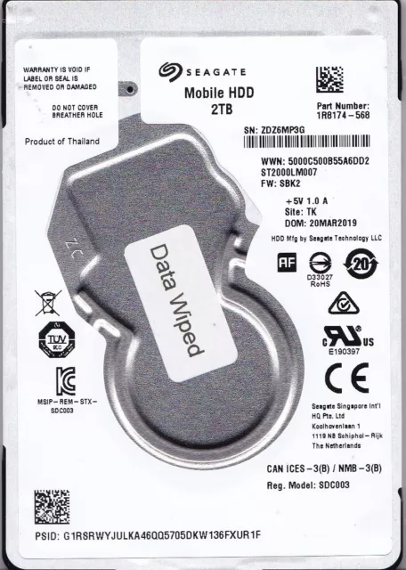 ST2000LM007 p/n: 1R8174-568 s/n: ZDZ f/w: SBK2 TK MAR/2019 2TB SATA 2.5" SEAGATE