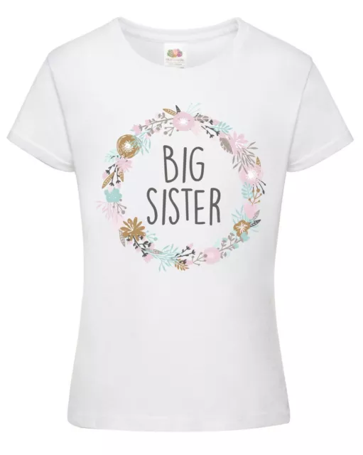 Girls Big Sister Pink Wreath T-Shirt - Printed Floral Pregnancy Reveal Gift Top