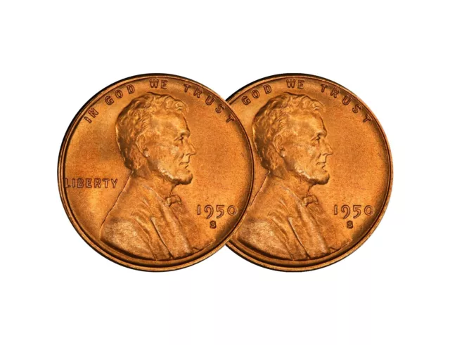 (2) 1950 S Lincoln Wheat Cent Choice BU 1c Brilliant Uncirculated - 2 Coin Set