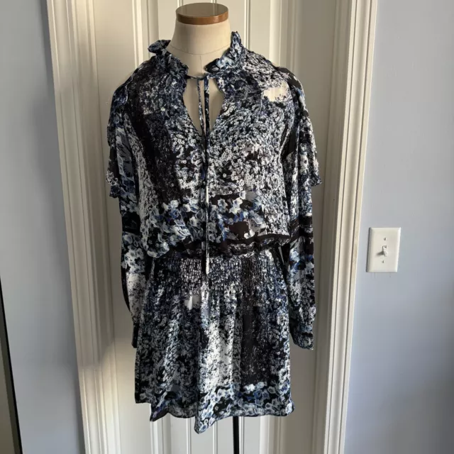 New PARKER Women’s XS 100% Silk Blue Abstract Floral Cold Shoulder Mini Dress