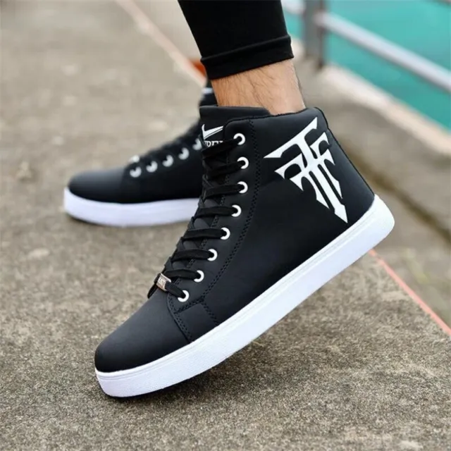 Mens High-Top Sneakers Lace-Up Leather Walking Sports Shoes Casual Trainers Size