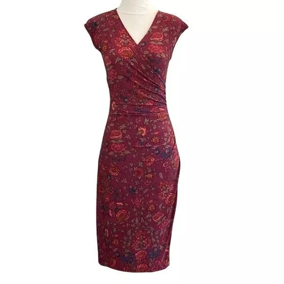 Lauren Ralph Lauren Sleeveless Faux Wrap Ruched Chili Red Floral Dress Size SP 3