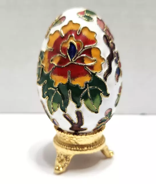 Beautiful Vintage Gold Gilt Cloisonne Colorful Enamel Egg W Wood + Gold Stand 3"