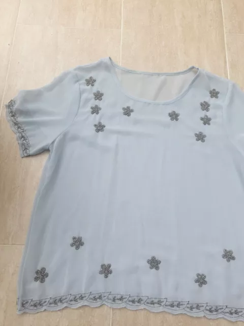 Top Womens Size M Pale Blue Embellished Beaded Blouse