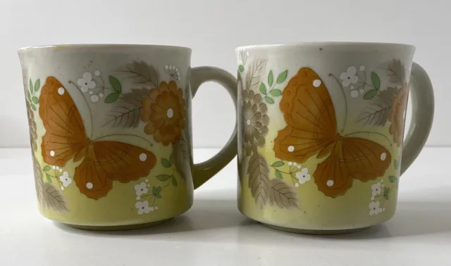 Vintage Stoneware Butterfly Coffee Tea Cup Mug Set of 2