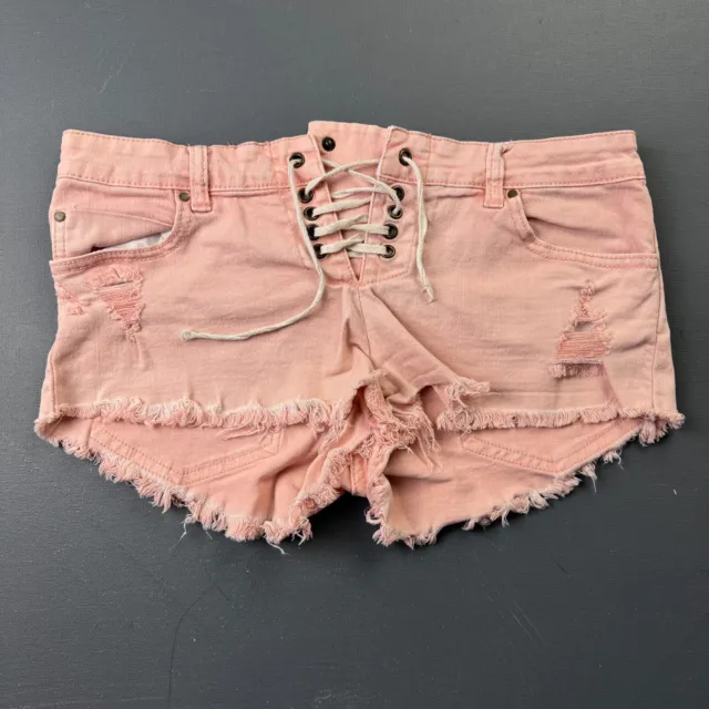 Billabong Shorts Womens 3, Lace Up Distressed Frayed Hem Peach