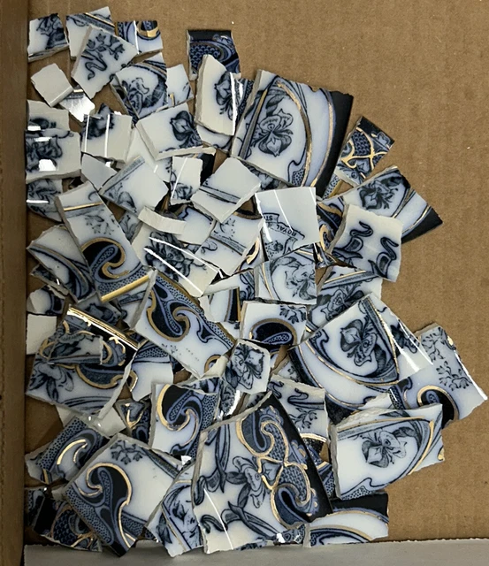 Antique Broken China Plate Mosaic Tiles Flow Blue White IRIS Art Nouveau 75+  #1