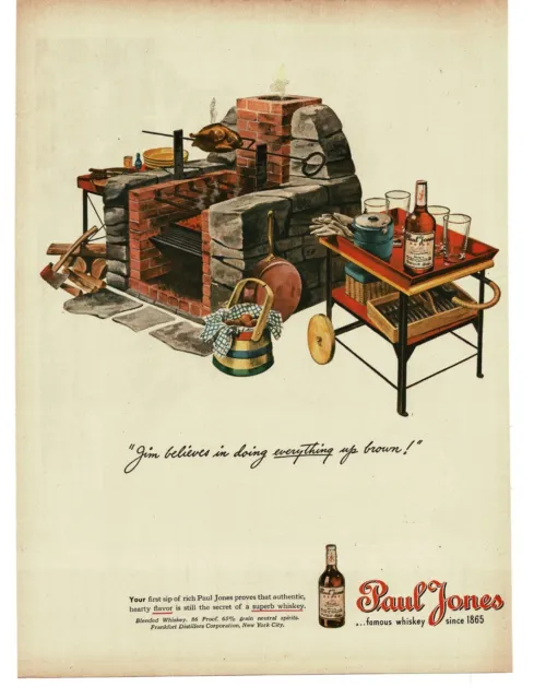 1945 Paul Jones Whiskey Outdoor Stone Brick Barbecue Pit Vintage Print Ad