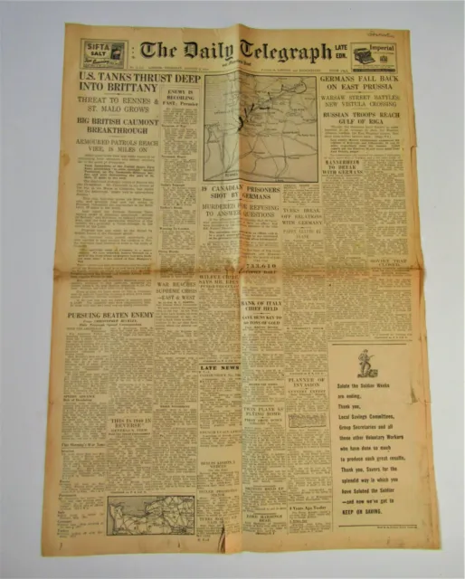 The Daily Telegraph Newspaper Thursday August 3rd 1944. Original.