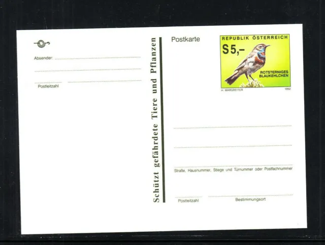 Österreich, 26.6.1992,Postkarte, Ganzsache, Rotsterniges Blaukehlchen, OS 5,00,