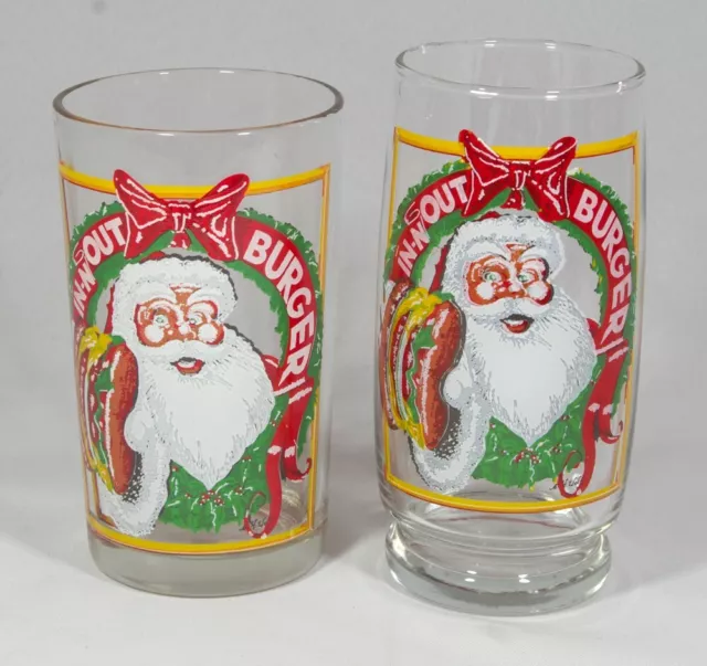 2 Vintage In N' Out Burger 1980 & 1982 Santa Glasses Christmas Series