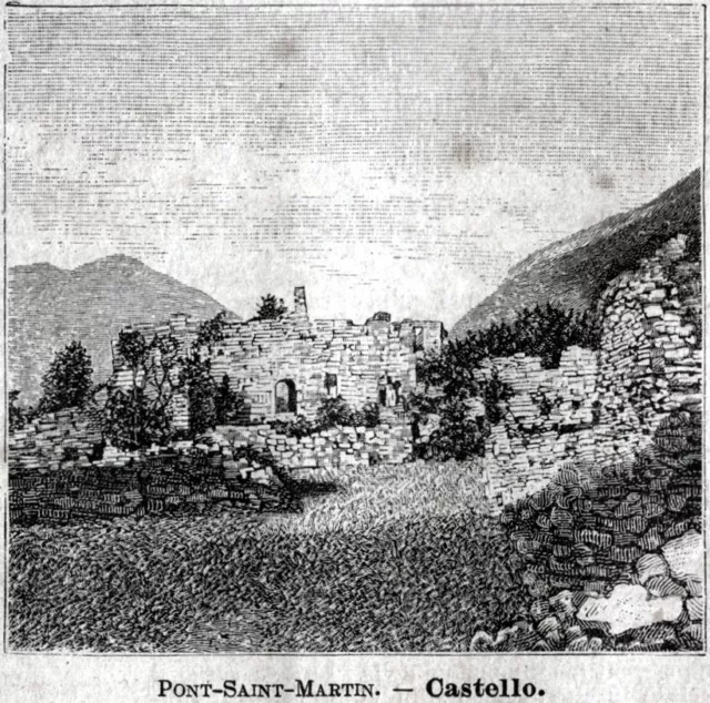 Castello di Pont-Saint-Martin. Valle d'Aosta. Stampa antica + passepartout. 1889