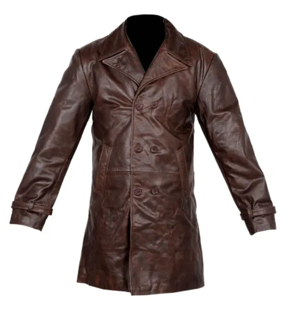 Men's Vintage Brown Distressed Double Breast Sheepskin Leather Trench Coats