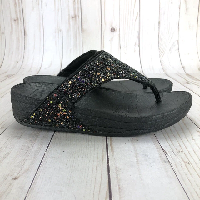 FitFlop Lulu  Glitter Sandals Thong Flip Flop Wedge Slip On Black Womens Size 6 3