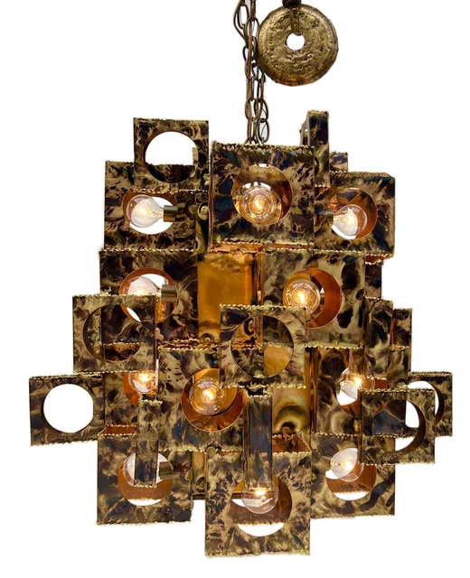 VTG Greene For Feldman Torch Cut Brutalist Chandelier Metal Sculpture Fixture