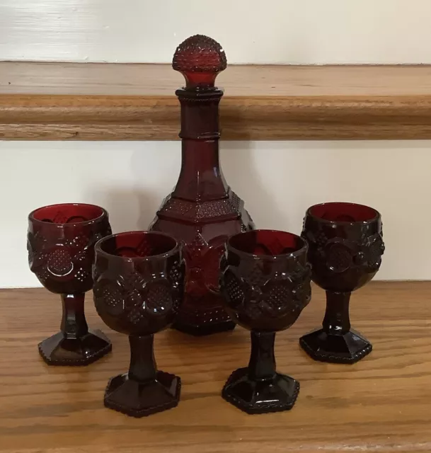 Avon 1876 Cape Cod Collection Ruby Red Glass Wine Decanter 9.5” + 4 Wine Glasses