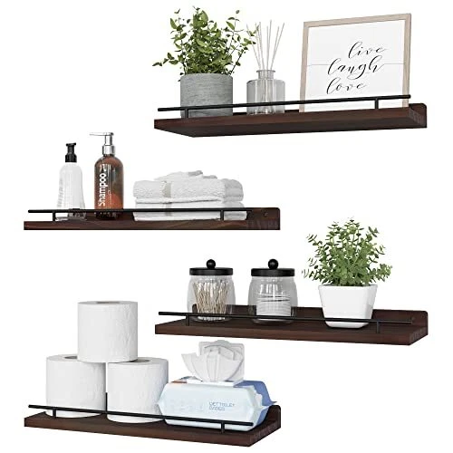 Floating Shelves with Black Metal Rail, 4 Set Shelves for Wall Decor, Rustic