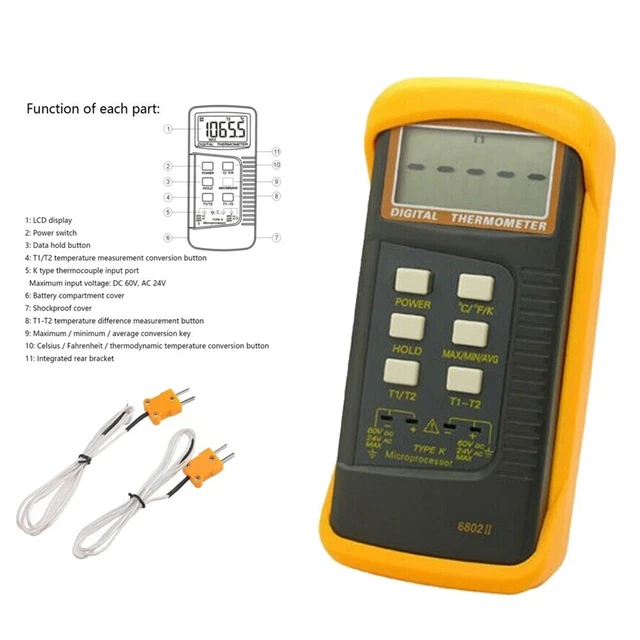 Digitales K-Typ Thermometer 2-Kanal – Messbereich -50 Bis 1300°C, Mit 2 Sensoren & Differenzanzeige