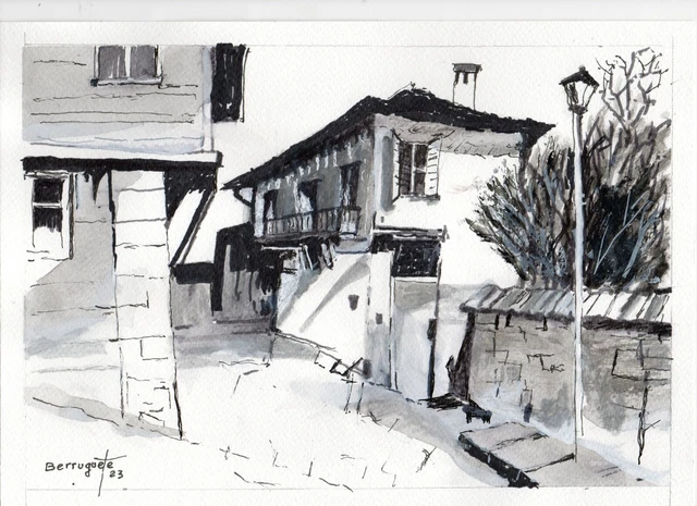 BARRIO ASTURIANO, DIBUJO ORIGINAL DE BERRUGUETE PLUMILLA Y ROTULADORES OFERTA Ar