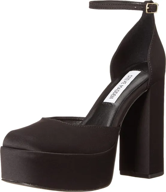 Steve Madden Agata Black Satin Ankle Strap Block Heel Rounded Toe Fashion Pumps